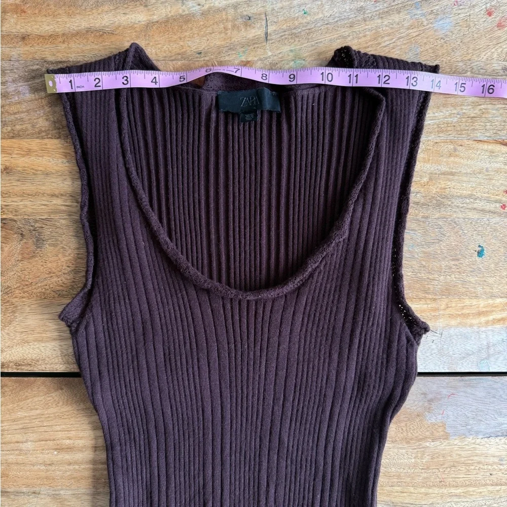 Zara Ribbed Knit Top Chocolate Brown Fitted Minimal Chic, L